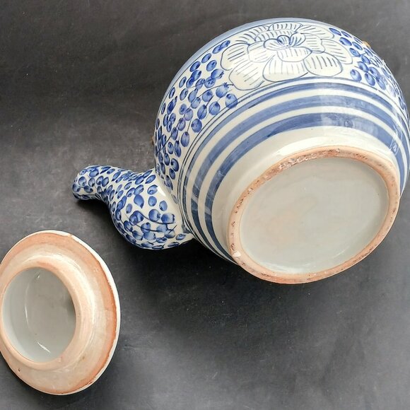 Oriental Style Blue & White Porcelain Teapot With Brass Handle Not Used VTG - Picture 9 of 12